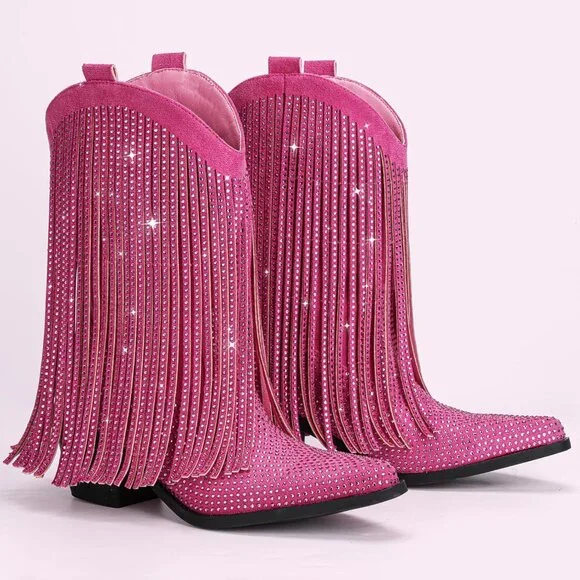 〽️Women's Pink Fringe Cowboy for Mid Calf Cowgirl Pointed Toe Chunky Heel Boots - Picture 6 of 6